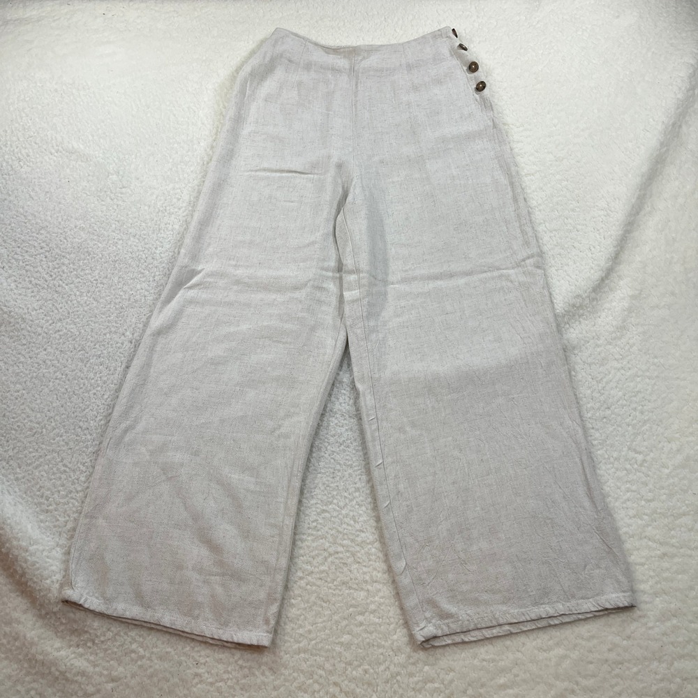 Sienna Sky Pants Womens M Beige CP1154 Linen Blend Wide Leg Side Button Boho - Picture 1 of 9